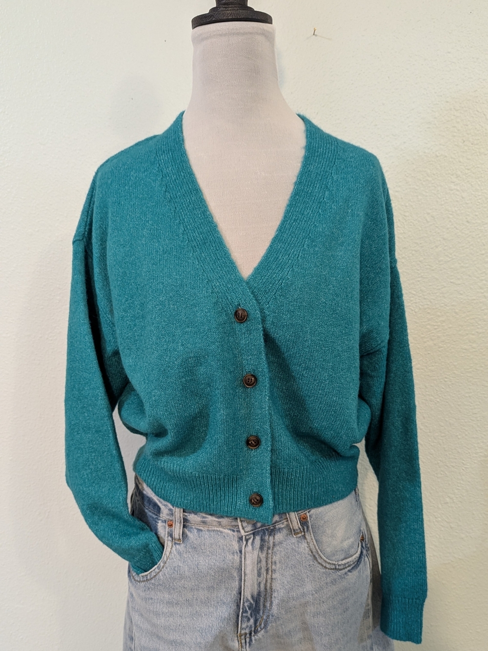 Active USA Teal V-Neck Button-Front Sweater